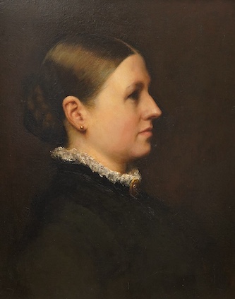 Victorian School, Head and shoulders portrait of a lady in profile, unsigned, oil on canvas, ornate gilt frame, 49 x 38cm